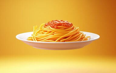 Flying plate of spaghetti with tomato sauce on a yellow-to-orange gradient background