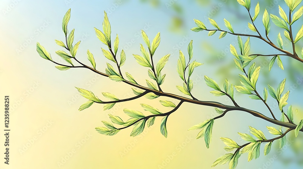 Poster Spring Branch with New Leaves in Soft Light. Possible use nature scene, educational resources