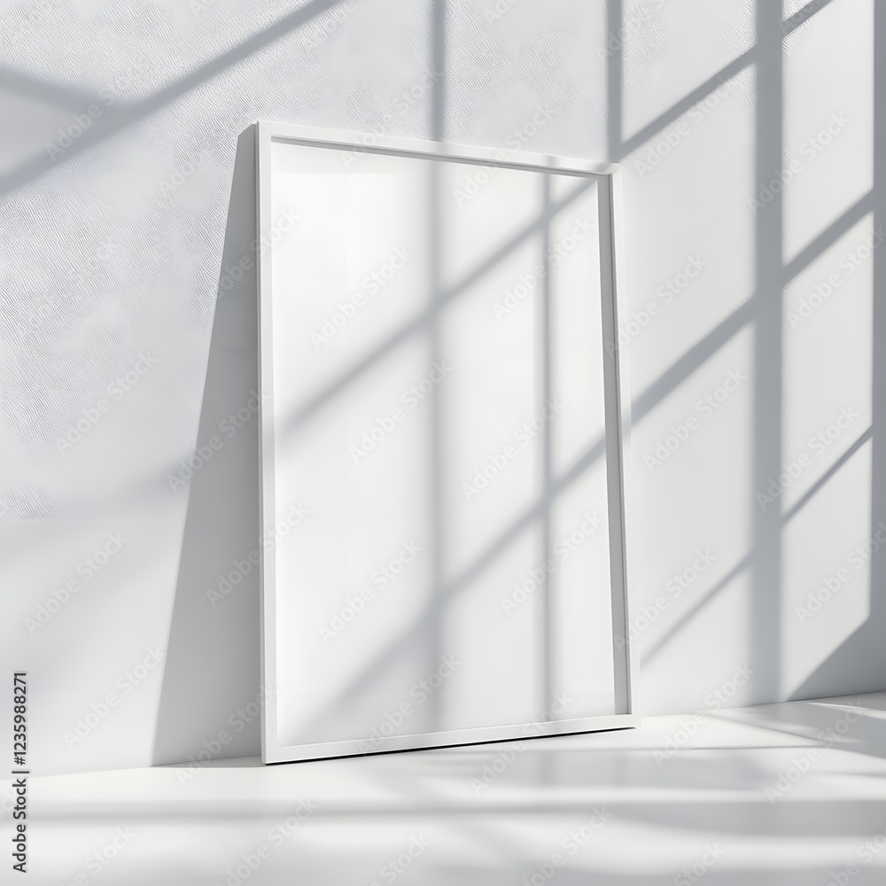 Poster mockup white poster frame seen from a low angle against a bright light background creating a dramati