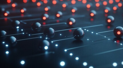 3D Render of Metallic Spheres on Circuit Board with Red and Blue Illumination