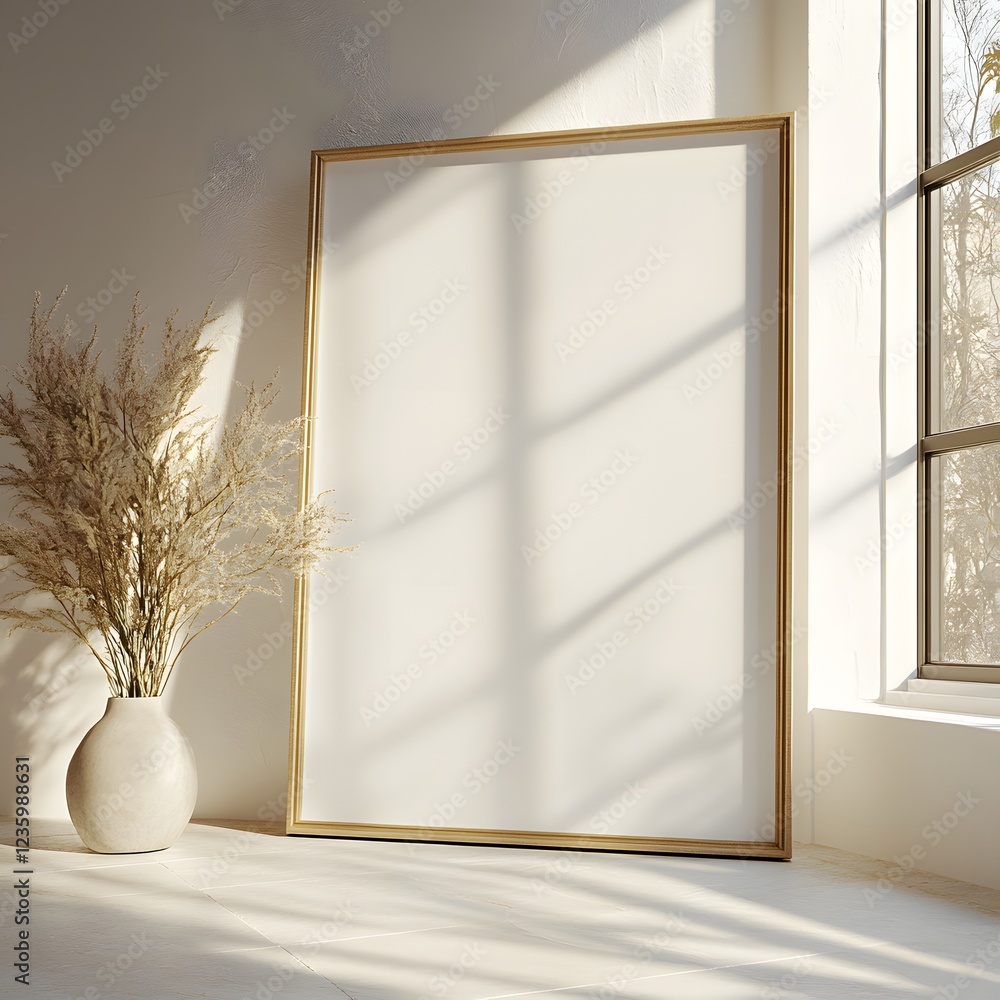 Poster mockup white poster frame seen from a low angle against a bright light background creating a dramati