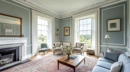 Luxurious Country House Living Room with Large Windows and Fireplace