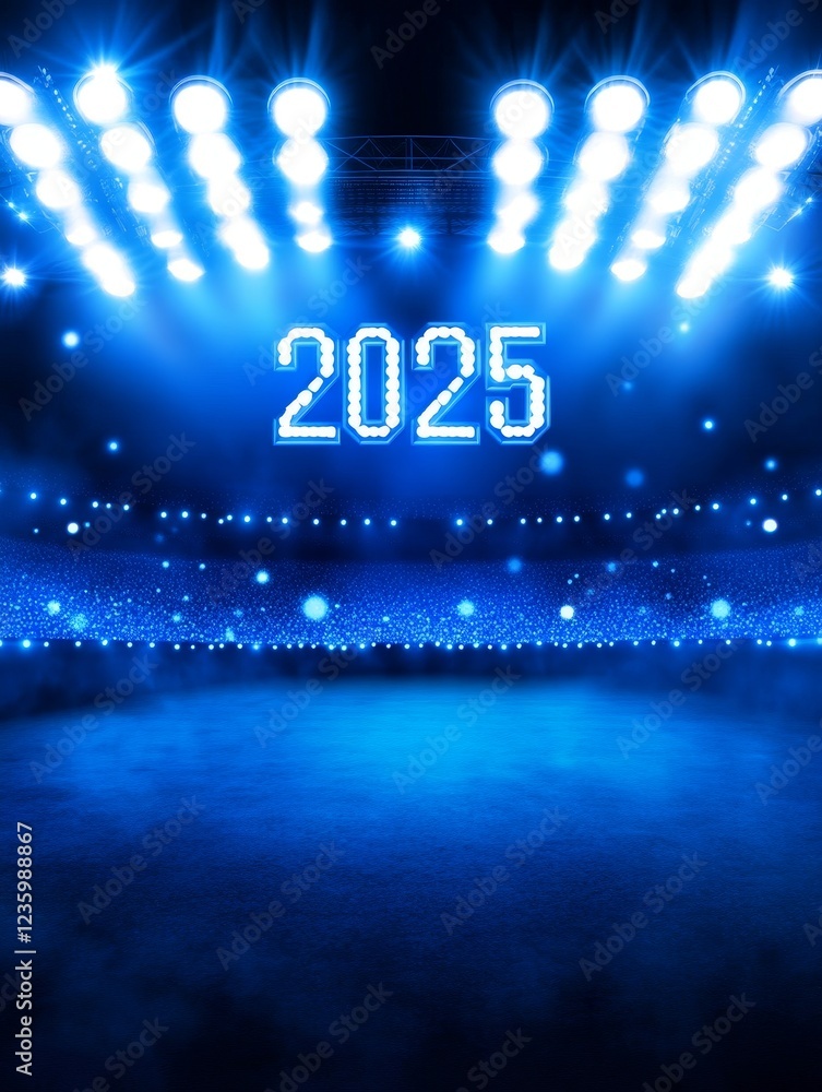 Poster stadium lights bokeh with year 2025 - a vibrant display of stadium lights illuminating the arena, em