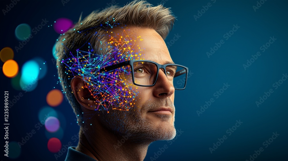 Poster businessman thinking about artificial intelligence and neural network visualization isolated on blue