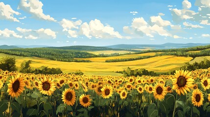 Obraz premium Sunny sunflower field landscape; rural scenery; idyllic summer