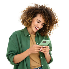 Happy Business Woman Holding Smartphone – Smiling Female with Curly Hair Using Mobile Phone, Social Media, Digital Communication, Isolated on Transparent Background, No Background