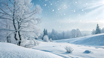 Fototapeta premium Serene Winter Landscape with Snowy Trees and Soft Light Effects
