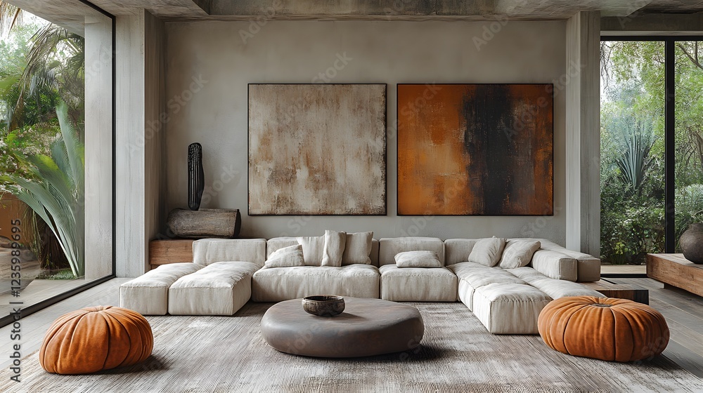 Poster modern living room with a comfortable sofa and abstract wall art captured from an elevated angle to 