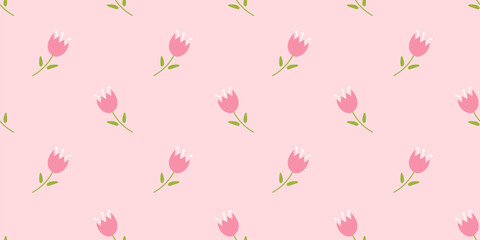 Floral seamless pattern in ditsy style. Abstract pink flowers on pink background. Bells, wild flowers, stems, foliage. Summer design for dress, cover, surfaces. Cute design: small flowers, leaves
