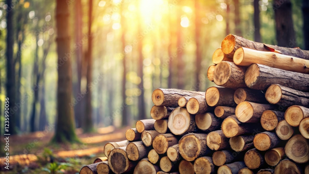 Aufkleber a stack of neatly arranged logs in a sun-dappled forest, showcasing the beauty and resilience of nat