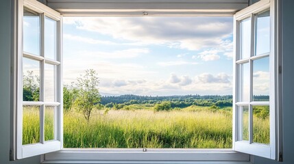 Open window overlooking a field with tall grass and trees on a sunny day with fluffy clouds in the sky