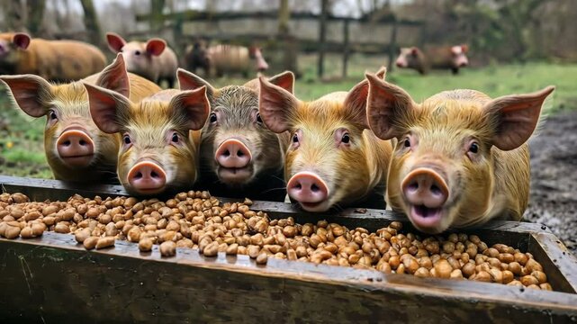 Numerous ravenous pigs are pressing around the trough, wagging their tails and gobbling their meal.