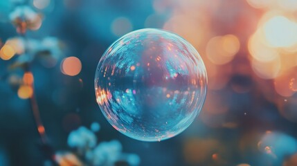 Naklejka premium A mesmerizing soap bubble floats in front of a bokeh background of teal and orange hues.
