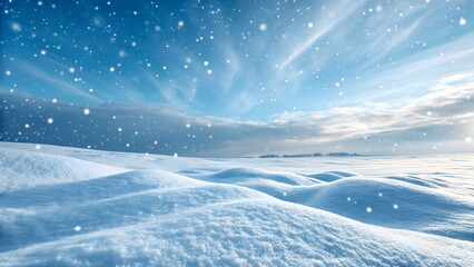 Winter Wonderland with Gentle Snowfall and Serene Blue Sky
