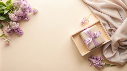 A  flat lay image of a beige gift box with a lavender ribbon, surrounded by delicate purple flowers and a flowy fabric, creating a romantic and elegant background.