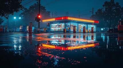 Night convenience store, rainy street, city reflection