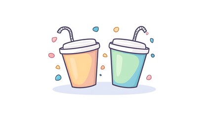 Two colorful paper cups with straws, celebratory confetti, isolated