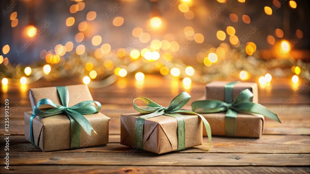 Aufkleber three beautifully wrapped gifts with green ribbon on a rustic wooden table with warm bokeh lights in