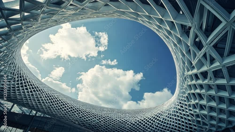 Poster modern architectural design unique oval structure with geometric patterns, showcasing bright sky and