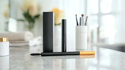 Elegant makeup products on marble vanity with soft focus background. Ideal for beauty and home decor concepts.