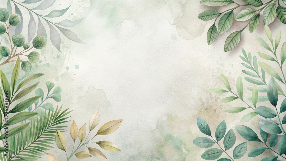 Poster watercolor painted foliage arranged in a border around a neutral backdrop with subtle watercolor spl