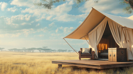 Premium glamping tent on raised platform in savanna, with leather armchair, vintage trunk, and golden grasslands, ideal for safari lodge marketing and exotic travel promotions.