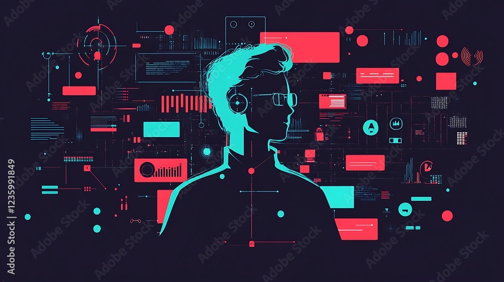 Poster profile of a person surrounded by digital data, futuristic concept, possible use in presentations or