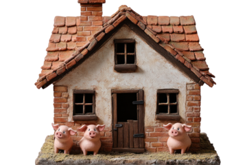 A cozy cottage made of bricks with three pigs peeking out from the windows and door.