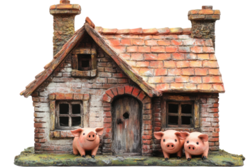 A cozy cottage made of bricks with three pigs peeking out from the windows and door.