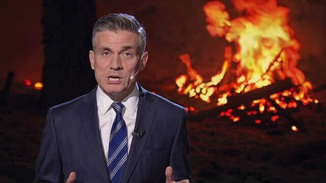 Live news anchor presenting updates on an urban fire disaster, infinite seamless loop, Generative AI