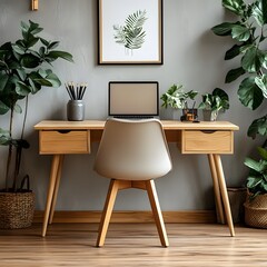 Natural wood desk elegantly paired with a stylish chair adorned with minimalist decor captured from a frontal angle to showcase the peaceful workspace atmosphere at home