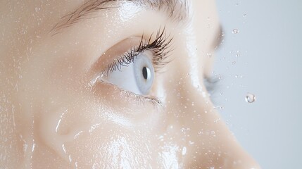 Fototapeta premium Close-up of a wet face highlighting vibrant blue eye and delicate eyelashes, capturing the essence of natural beauty and freshness.