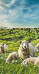 Fototapeta premium Sheep grazing on rolling green hills under blue sky