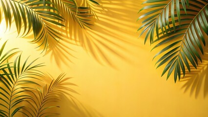 Sunlight filtering through palm leaves casts long shadows on a bright yellow background, creating a tranquil and tropical scene.