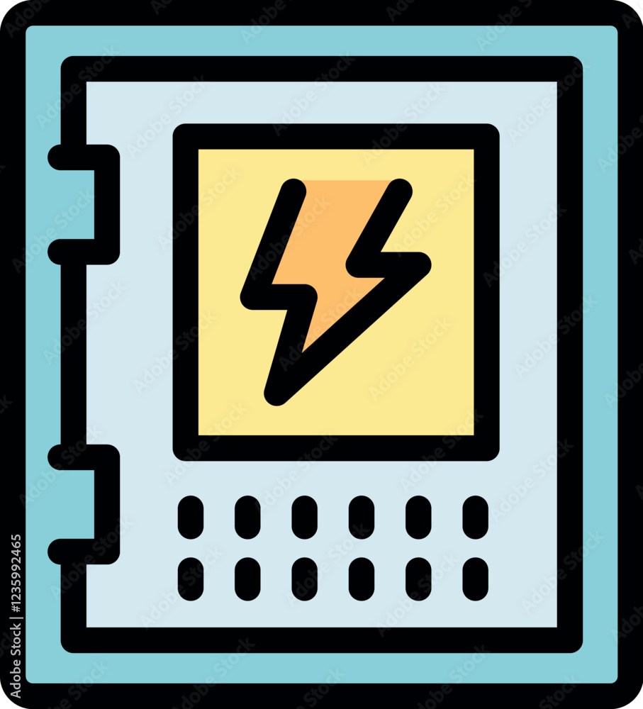 Poster electrical panel featuring lightning bolt symbol and control buttons, representing power distributio