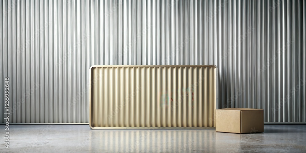 Poster a minimalist scene with a corrugated metal background, a large rectangular panel, and a box on the f