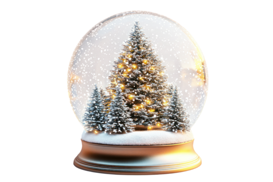 A glowing Christmas tree surrounded by miniature snow-covered pine trees inside a delicate snow globe resting on a simple ceramic base