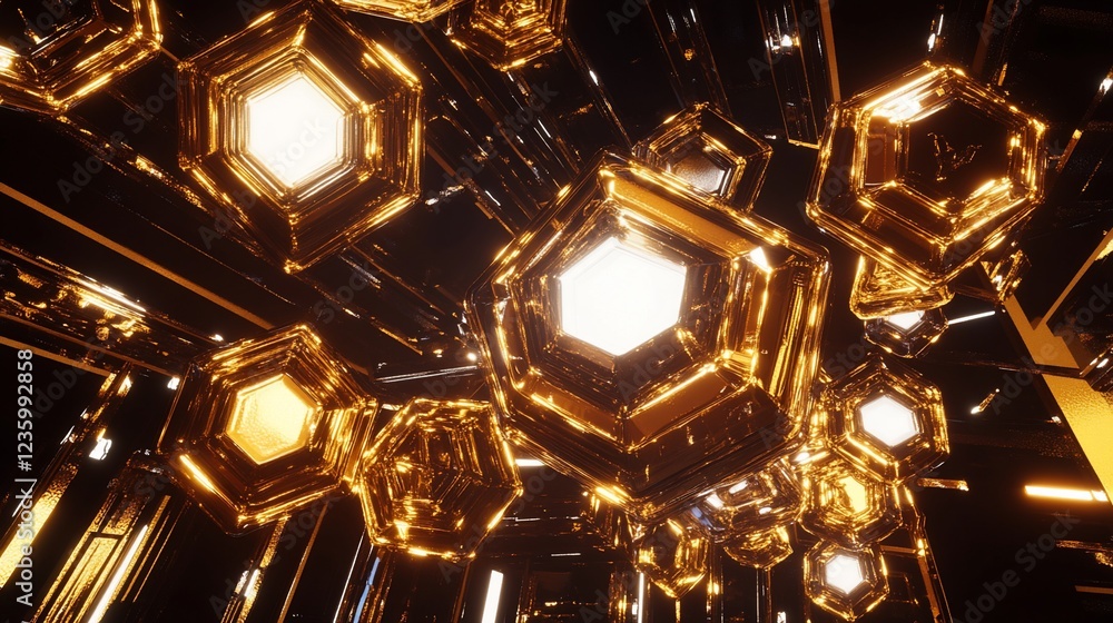 Poster abstract geometric gold and black design with illuminated hexagonal elements