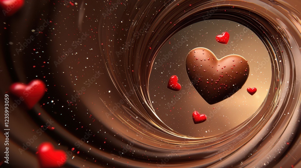 Poster a swirling chocolate background with tiny red hearts floating in the design.