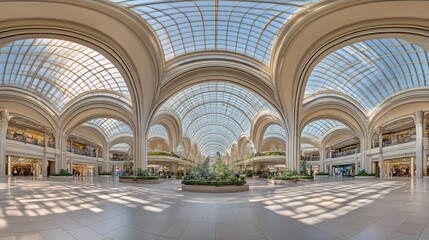 Luxurious mall atrium, shoppers stroll, glass ceiling, sunlight, retail