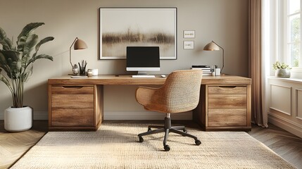 Natural wood desk paired with a stylish chair and minimalist decor captured from a diagonal angle to create depth and highlight the tranquil workspace ideal for creativity