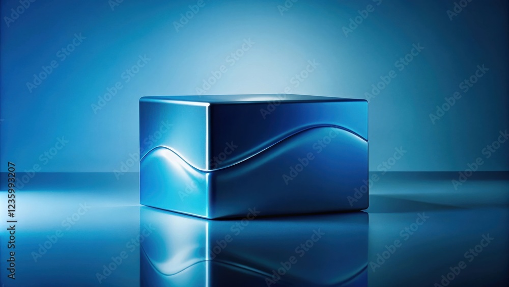 Poster A solitary blue cube with a subtle wave, reflecting on a smooth surface, creating an abstract and minimalist composition.