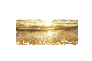 A panoramic view of a golden beach with the sun reflecting off the surface of the waves, casting a radiant, glowing light across the water and sand.