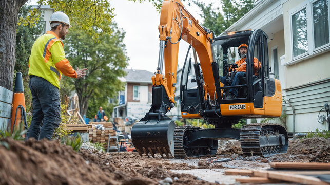 Construction site supervisor guiding excavator operator during earthmoving work