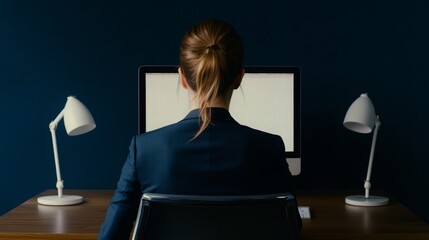 Capture a stylish woman in business dress deeply focused on work, setting stark navy background paper, blank computer screen, movie, corporate brochure images
