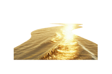 A serene golden river flowing gently under the warm glow of the sun, with the shimmering light reflecting off the surface of the water,