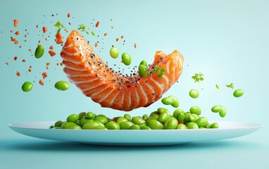 Flying teriyaki salmon with steamed edamame on a pastel cyan background