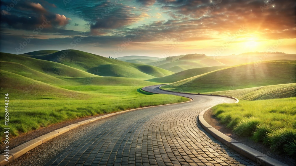 Poster a winding paved road through a field of rolling green hills bathed in the golden light of a setting 