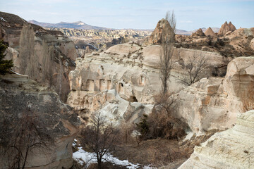 Rock formations of the Red Valley (Valley of Roses), Cappadocia, Turkey , in winter.