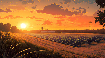 A solar farm basking in the golden light of sunset, with panels capturing the energy to contribute to a sustainable future.